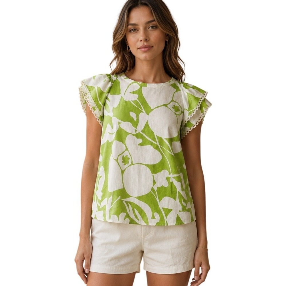Christian Siriano Linen Blend Top Medium Tropical Coastal Resort Euro Summer